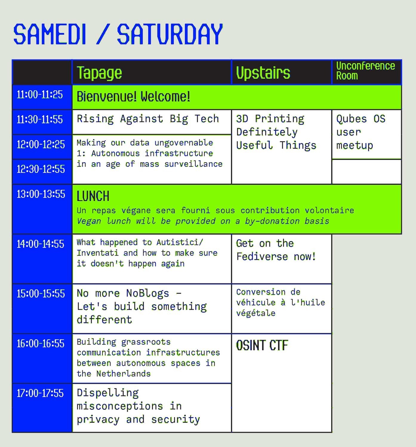 Saturday Samedi Schedule